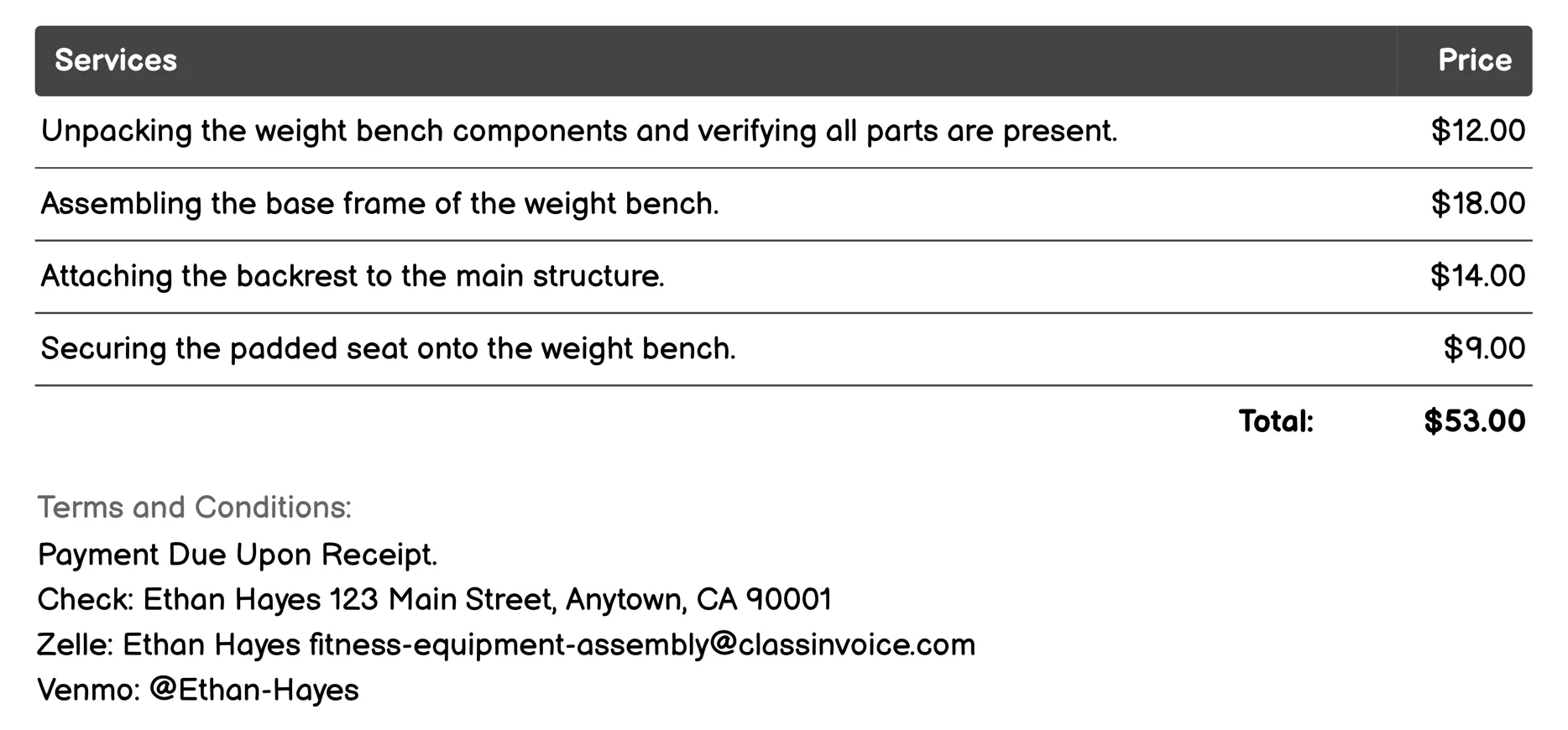 Weight Bench Assembly Invoice Example