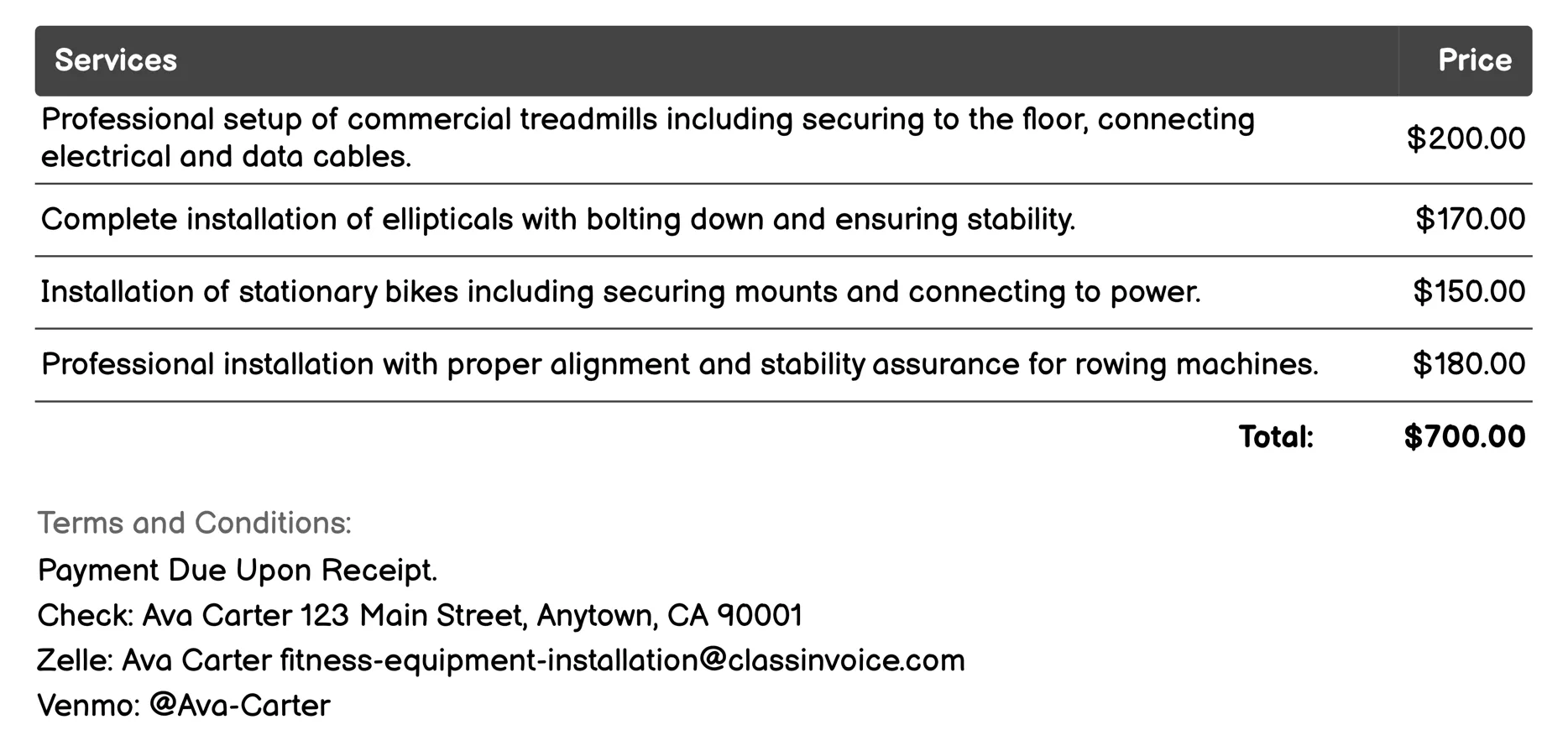 Commercial Gym Equipment Installation Invoice Example