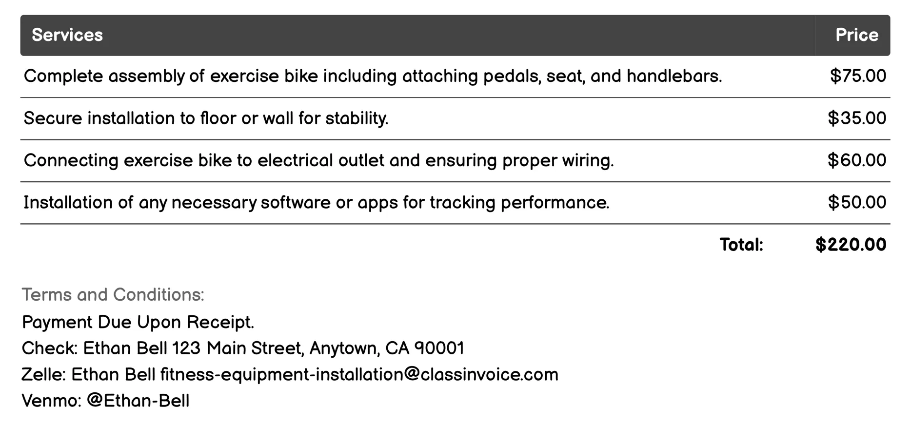 Exercise Bike Setup Invoice Example