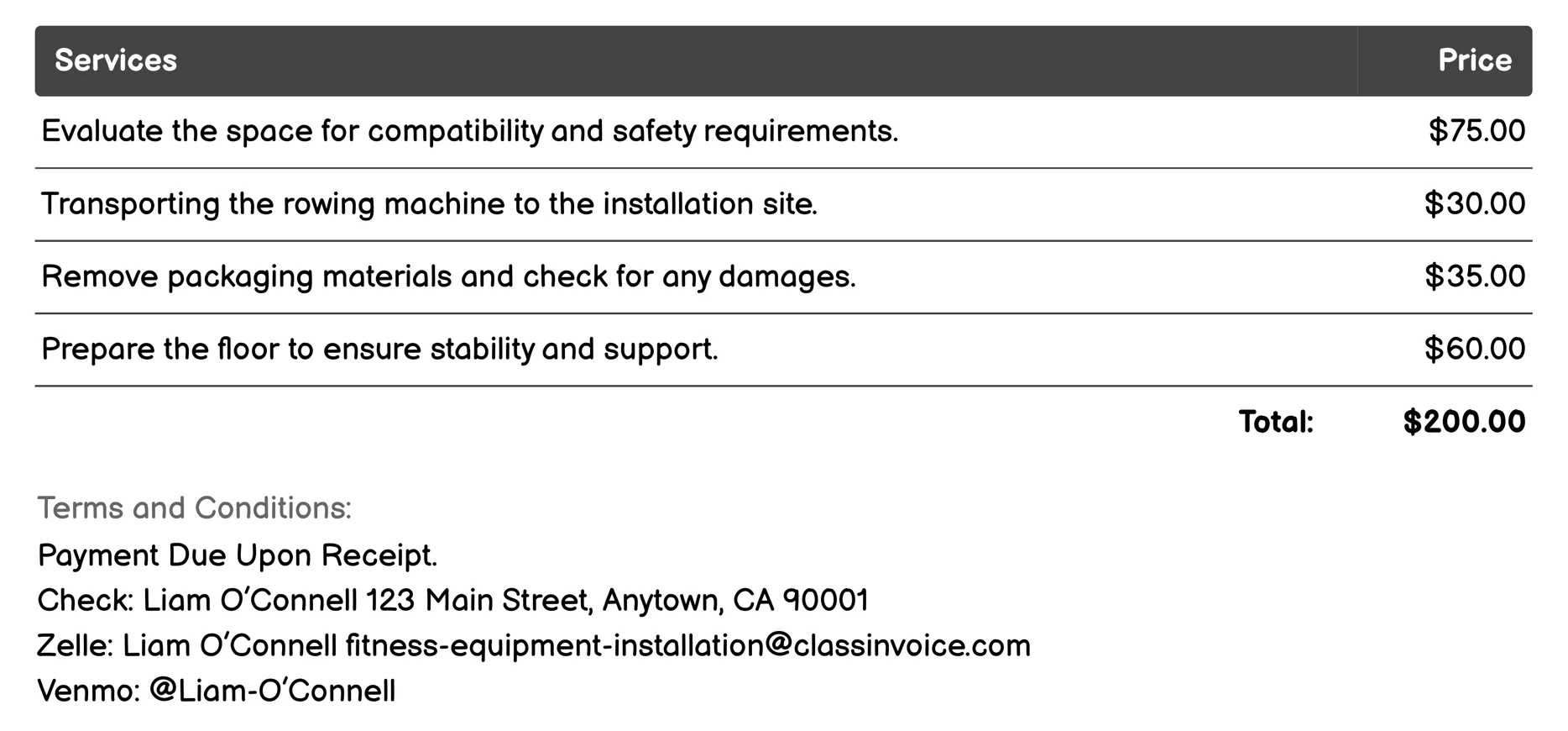 Rowing Machine Installation Invoice Example