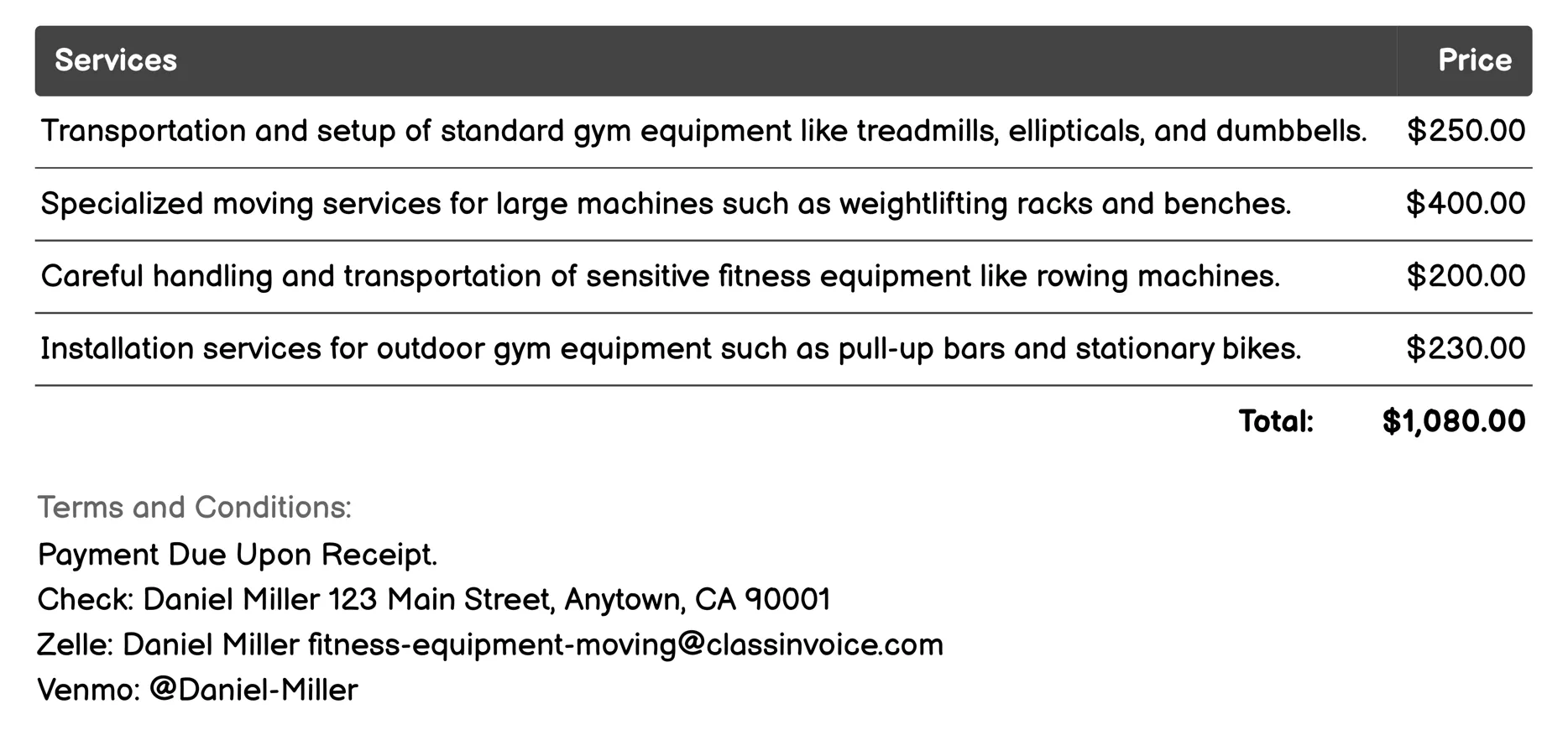 Specialty Equipment Handling Invoice Example