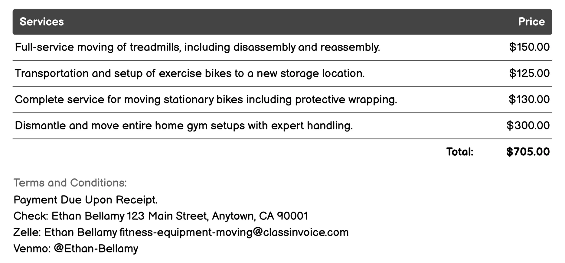 Storage Solutions Invoice Example