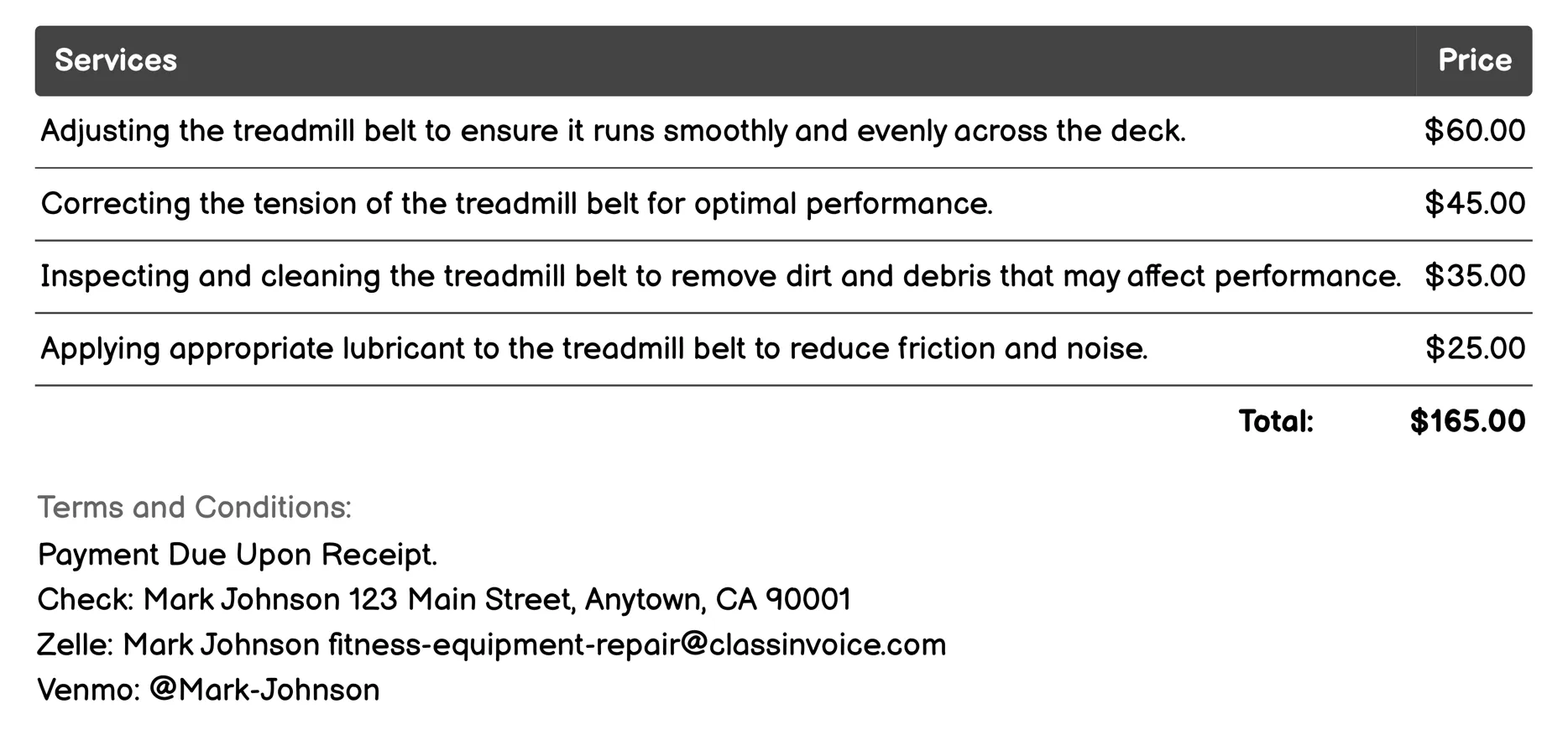 Treadmill Belt Alignment and Tension Adjustment Invoice Example