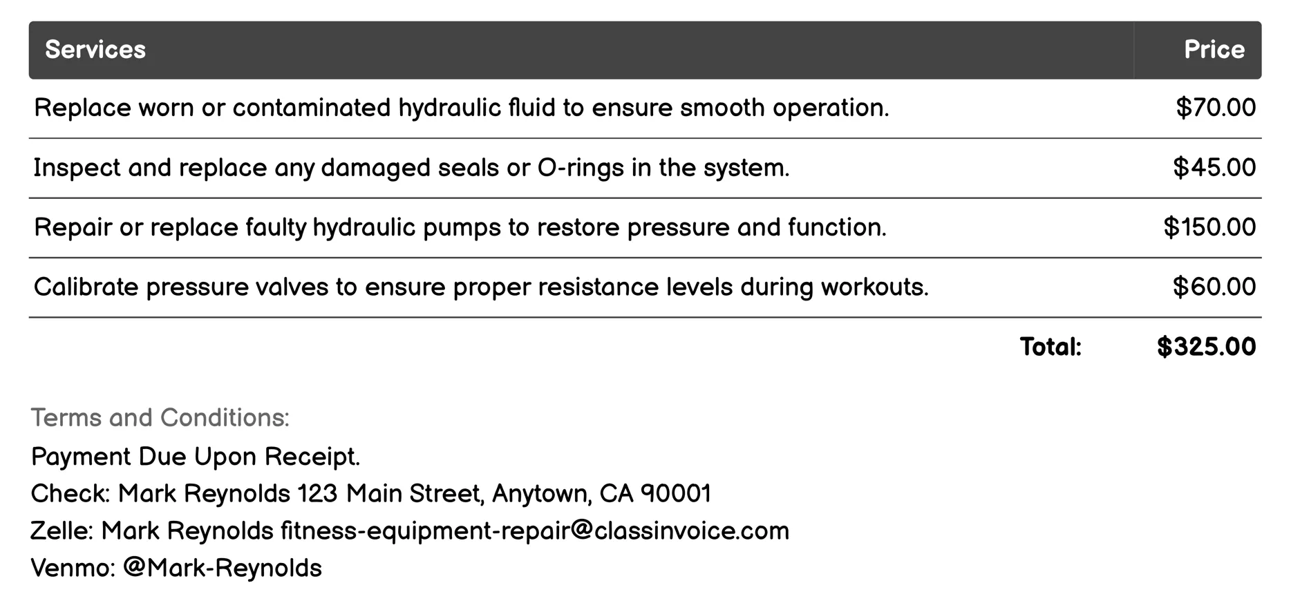 Weight Machine Hydraulic System Repair Invoice Example