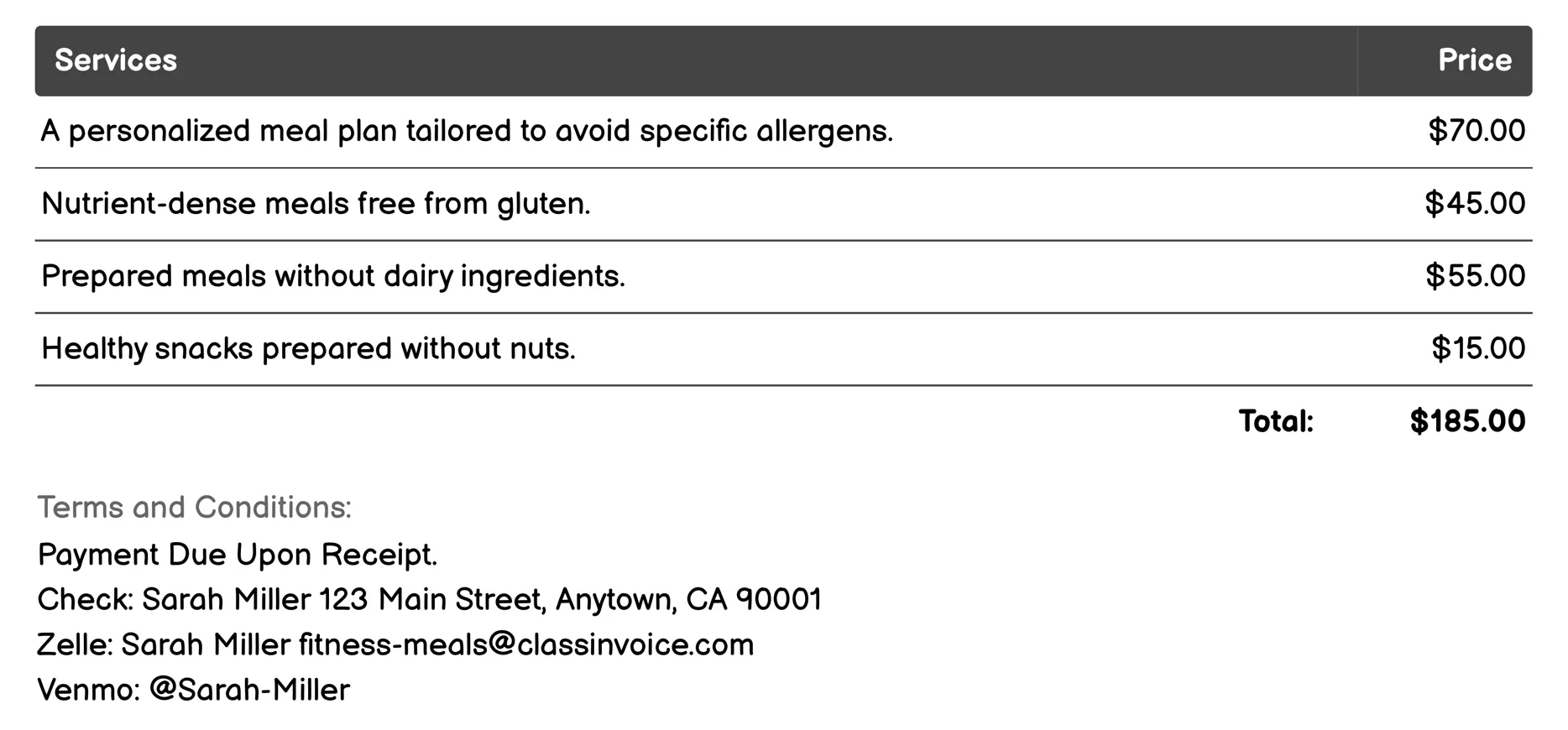 Allergen-Free Meal Options Invoice Example