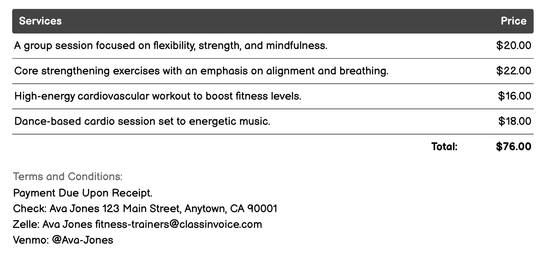 Group Fitness Classes Invoice Example