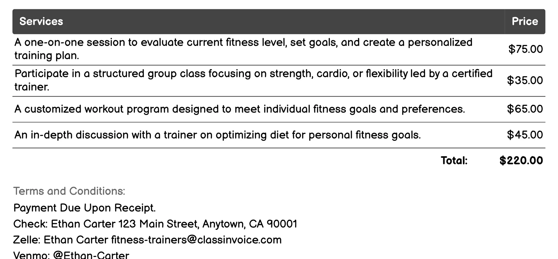Personal Training Invoice Example