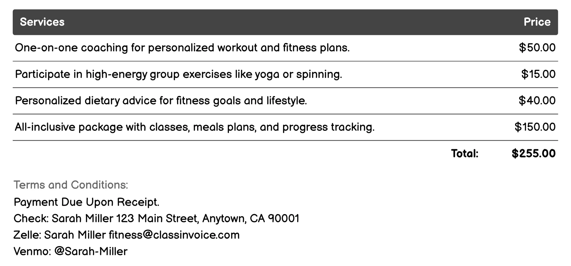 Fitness Challenges Invoice Example
