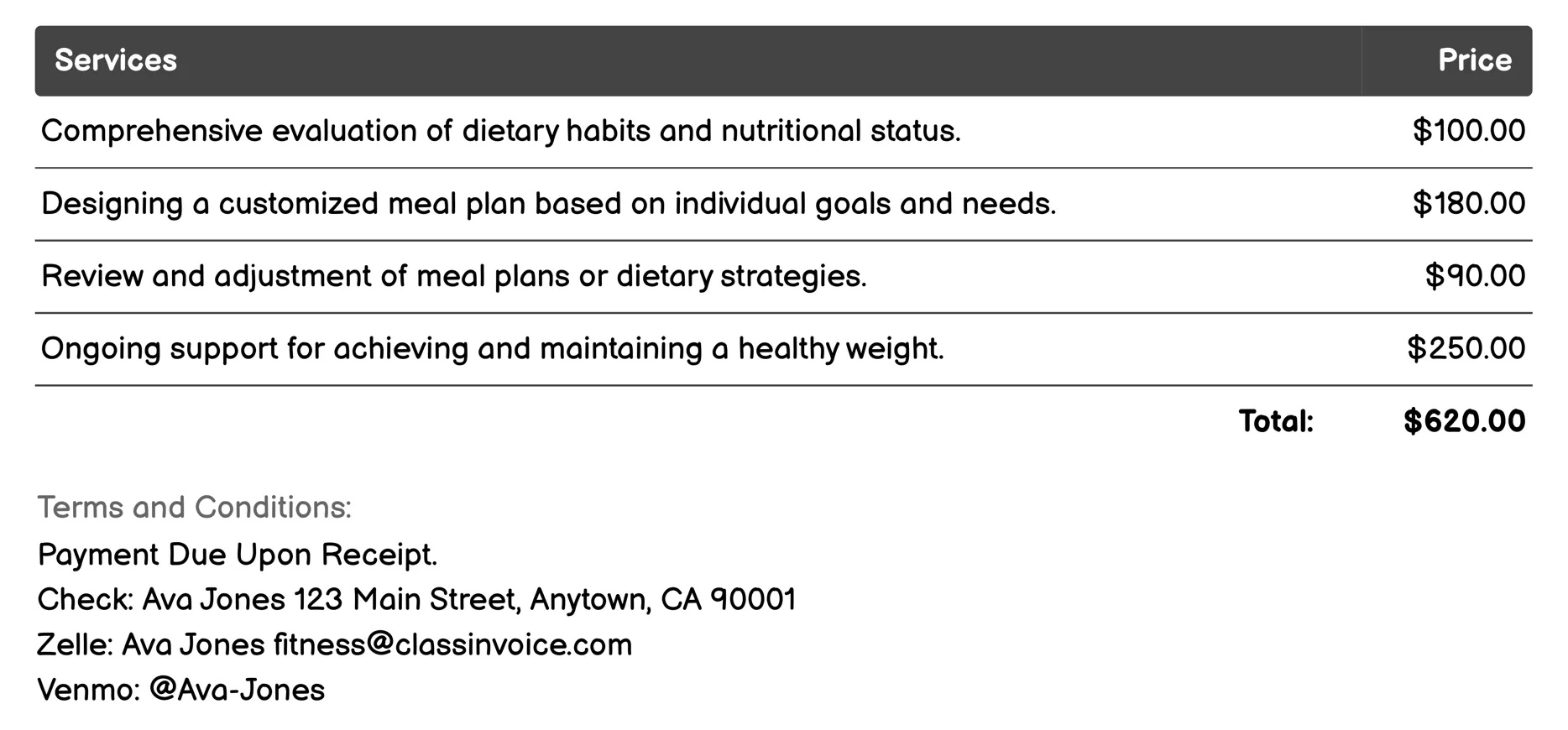 Nutritional Counseling Invoice Example
