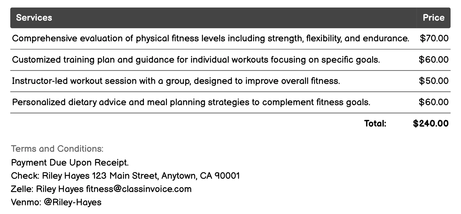 Personal Training Invoice Example