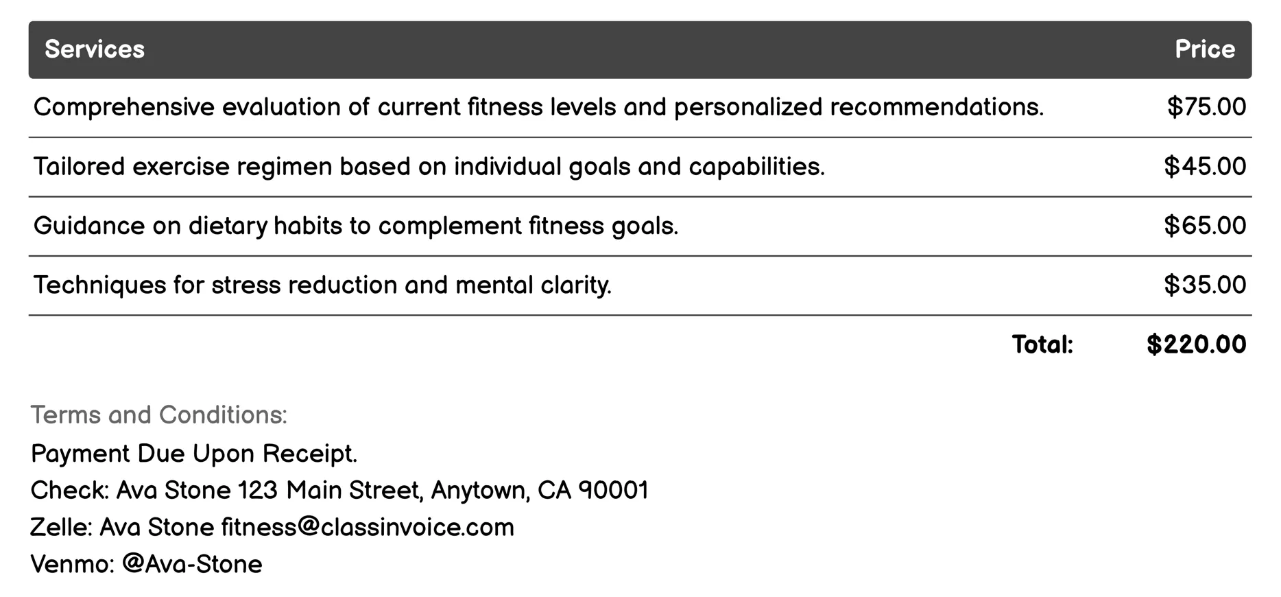Wellness Coaching Invoice Example