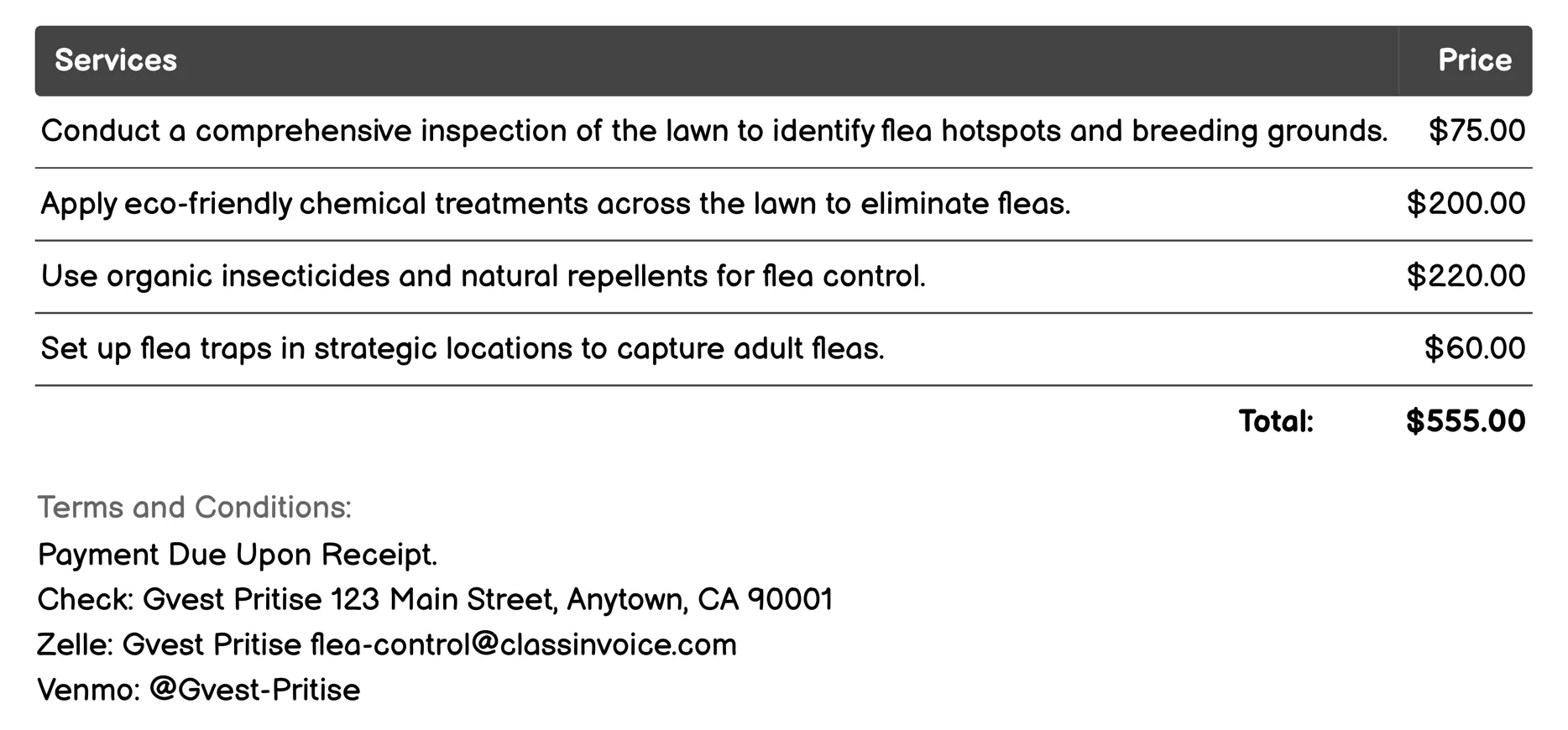 Flea Extermination for Lawns and Gardens Invoice Example