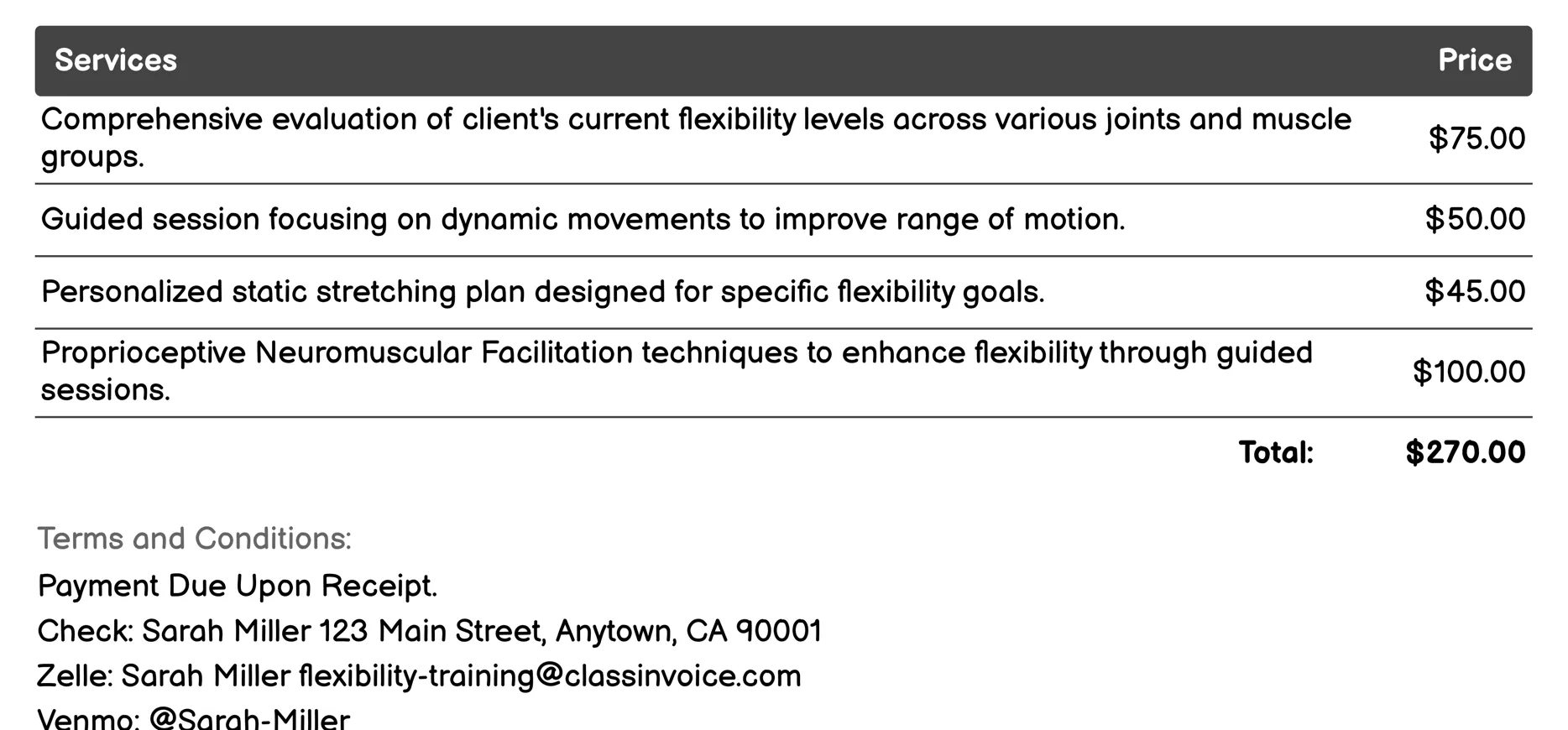 Flexibility Assessments and Coaching Invoice Example
