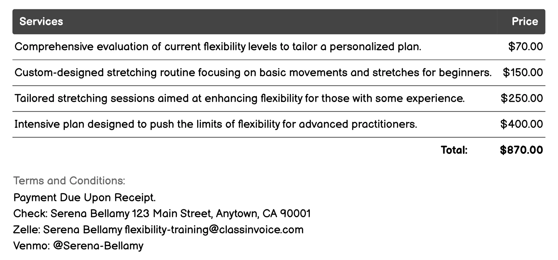 Personalized Stretching Plans Invoice Example