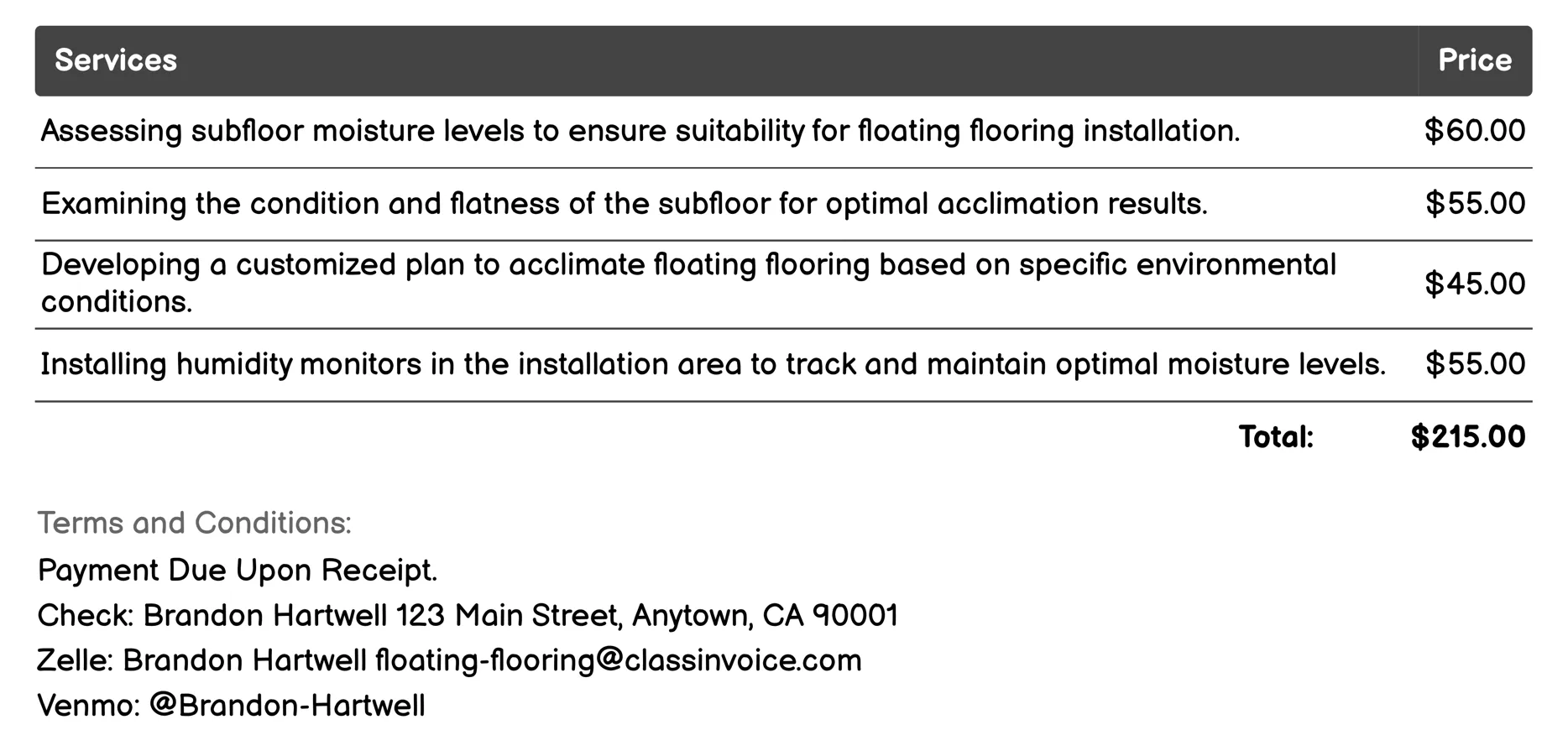 Acclimation Service Invoice Example