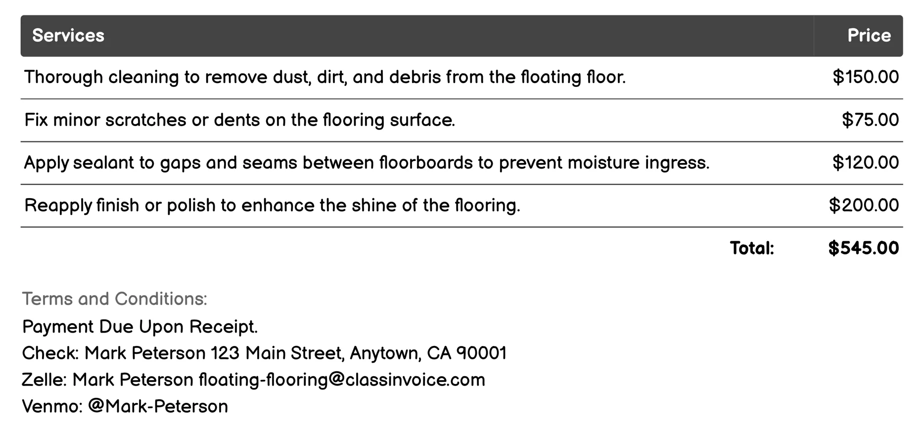 Maintenance Invoice Example