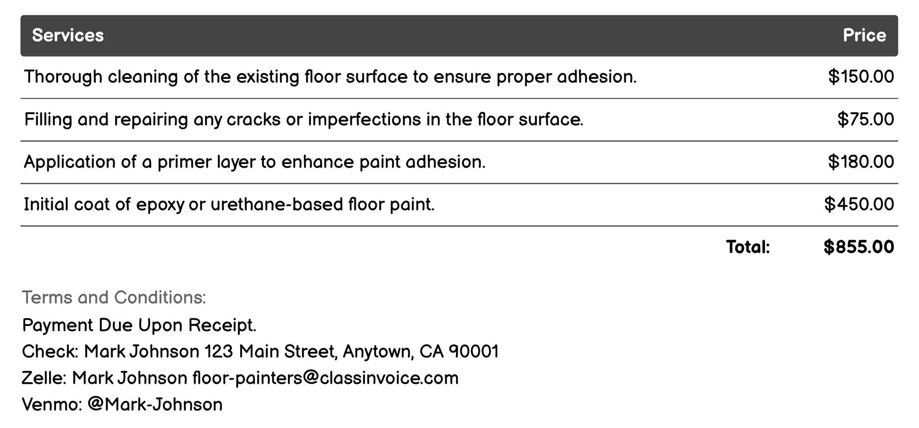 Vinyl Composite Tile (VCT) Installation Invoice Example