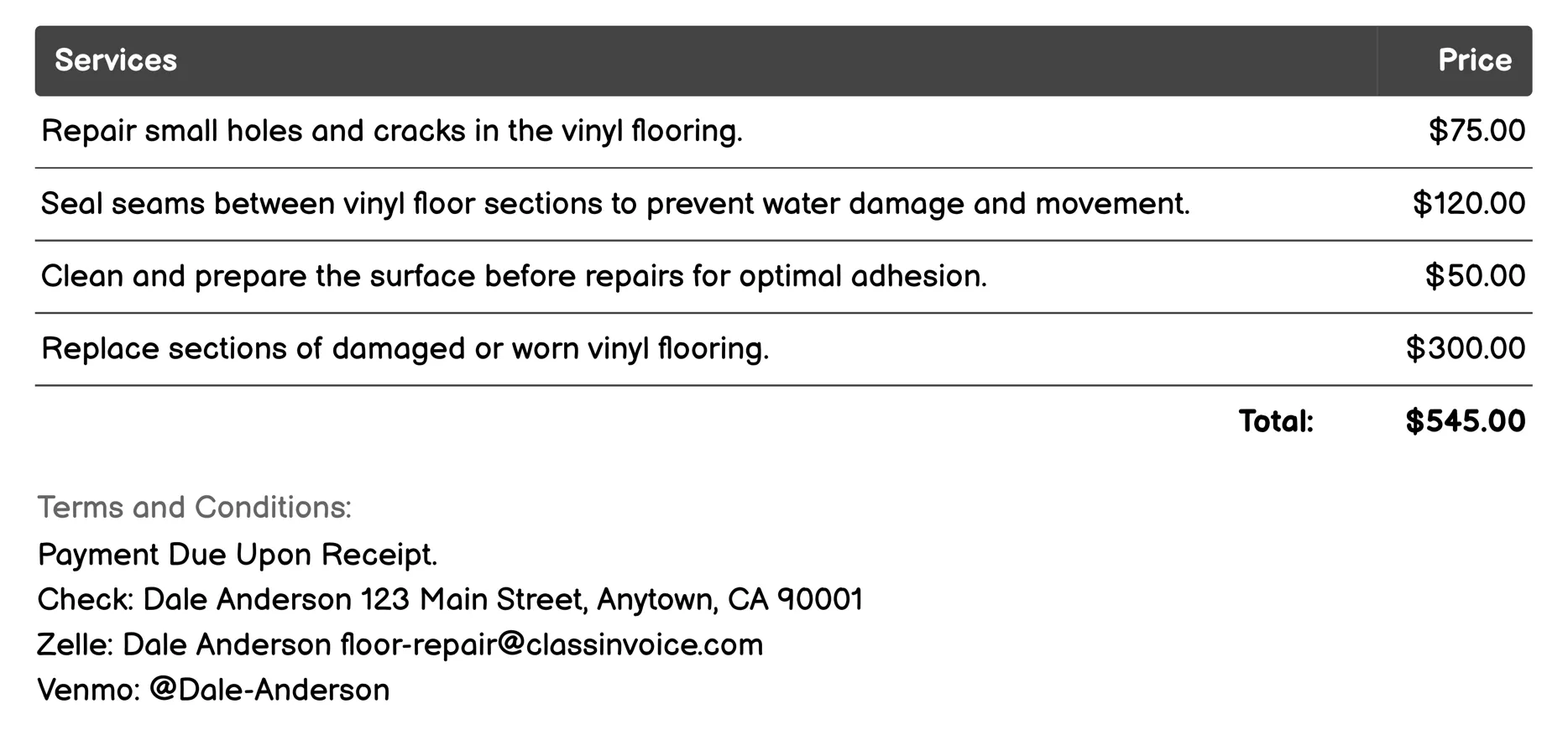 Vinyl Floor Repair Invoice Example