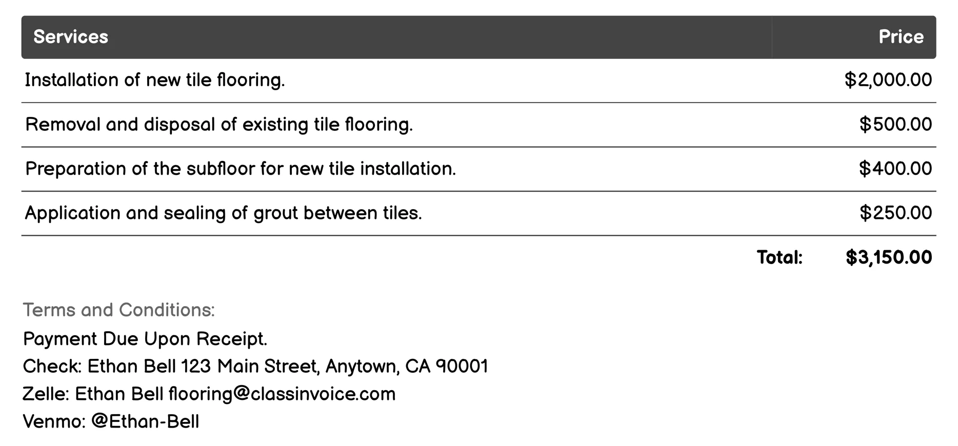 Tile Flooring Invoice Example