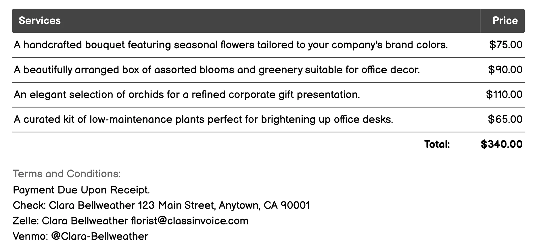 Corporate Gifts Invoice Example