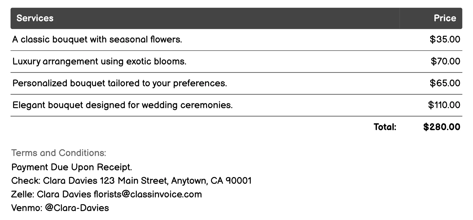 Bouquet Making Services Invoice Example