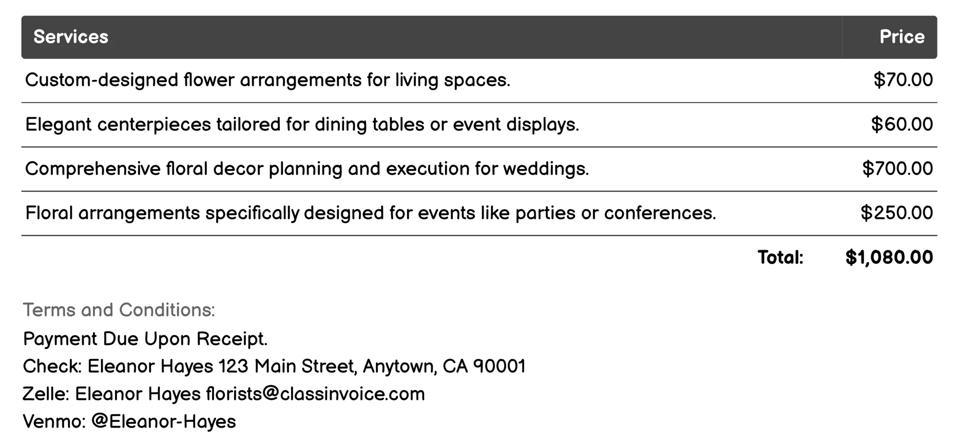 Interior Floral Design Invoice Example