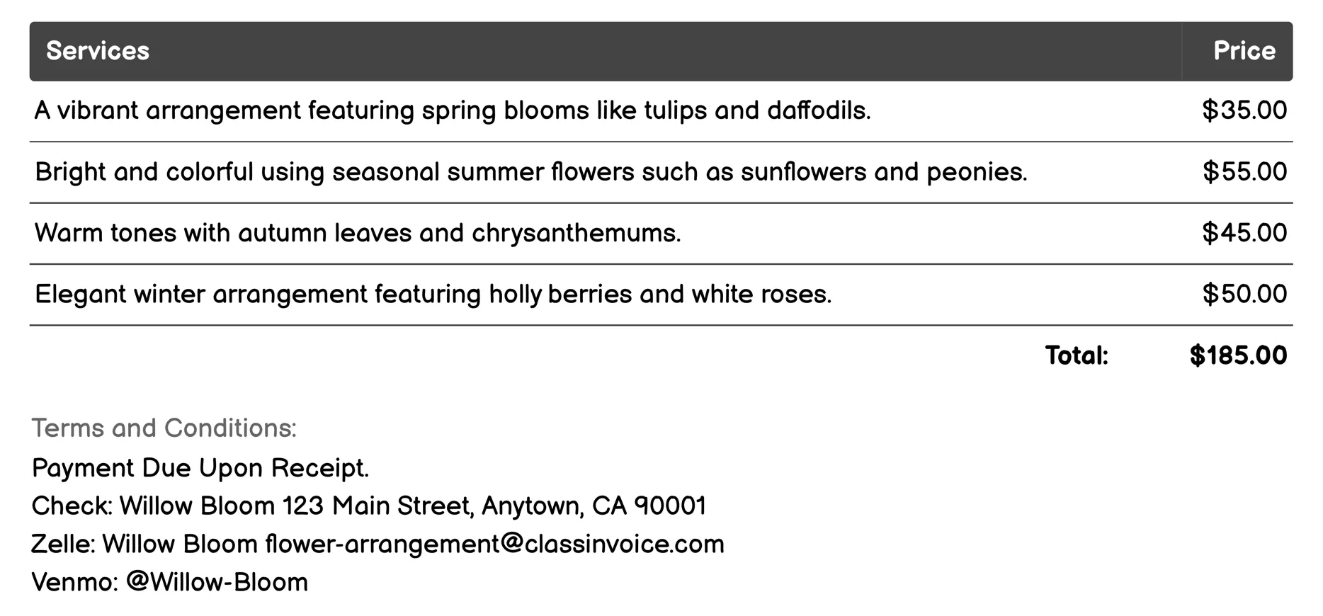 Seasonal Arrangements Invoice Example