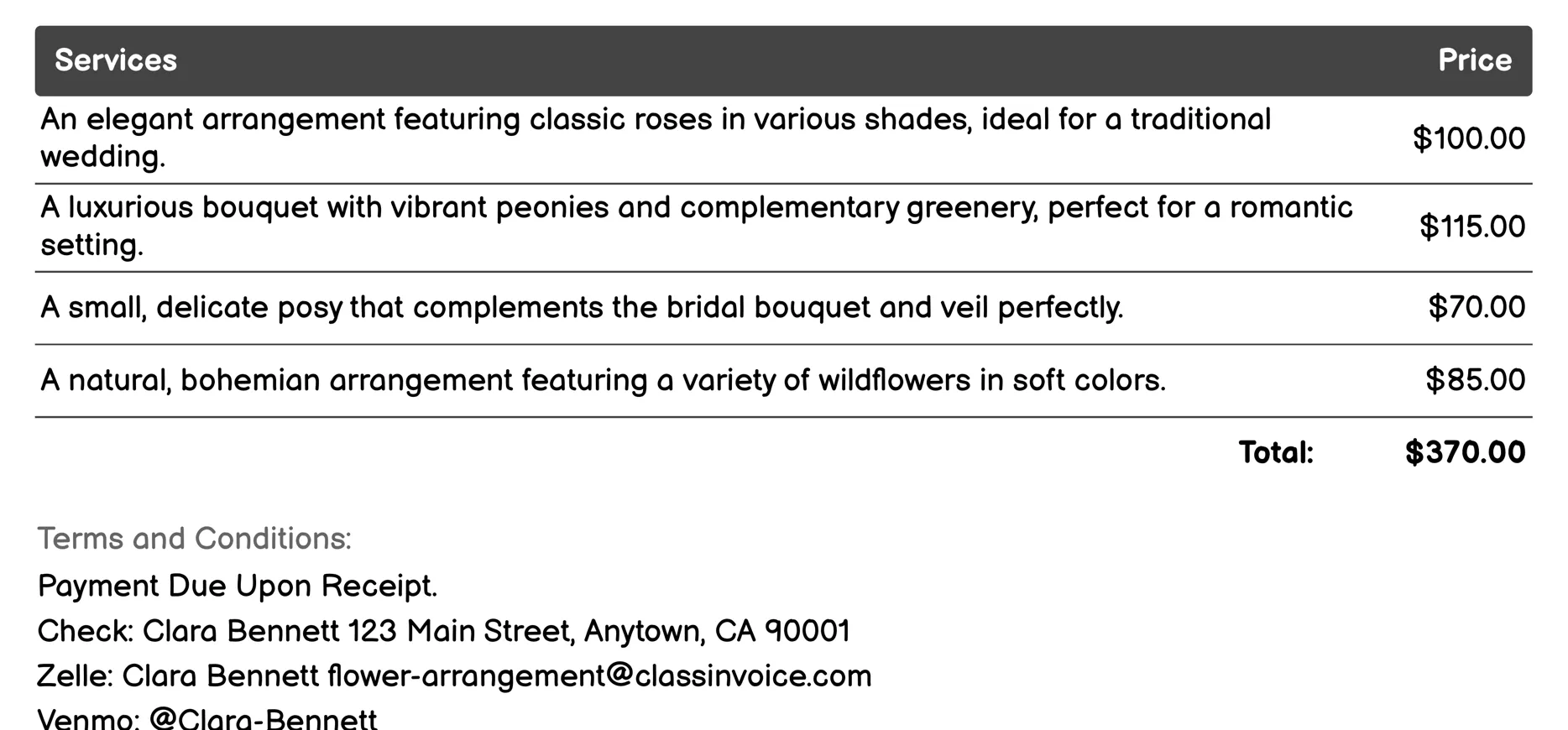 Wedding Bouquets Invoice Example