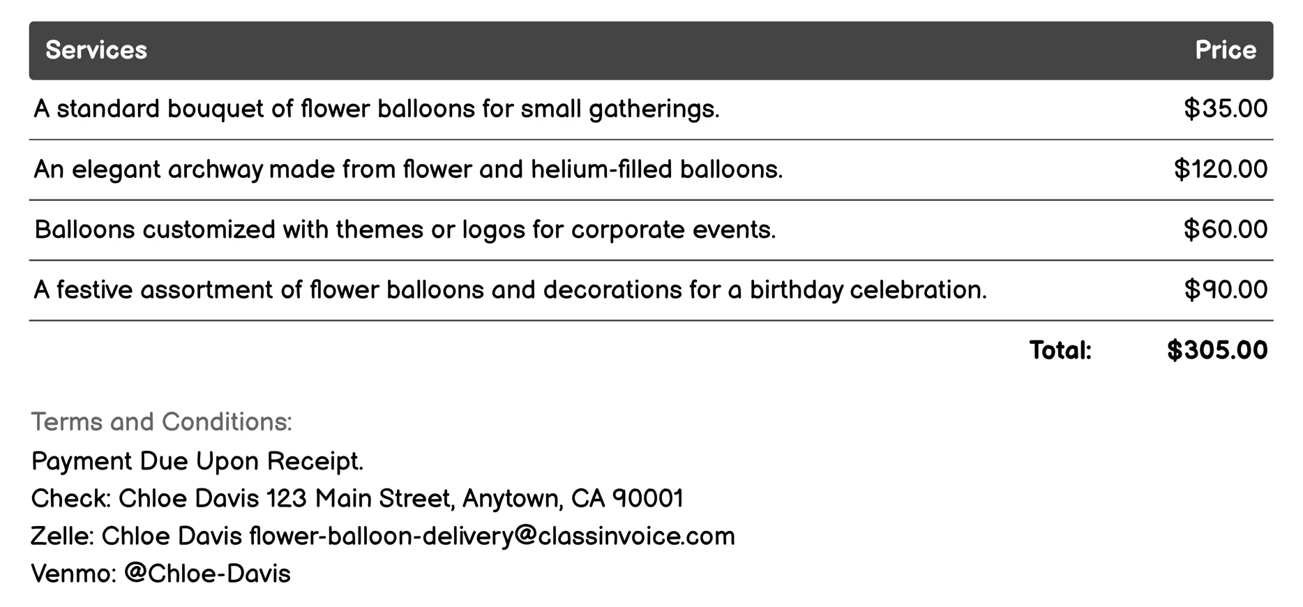 Holiday Festivities Invoice Example