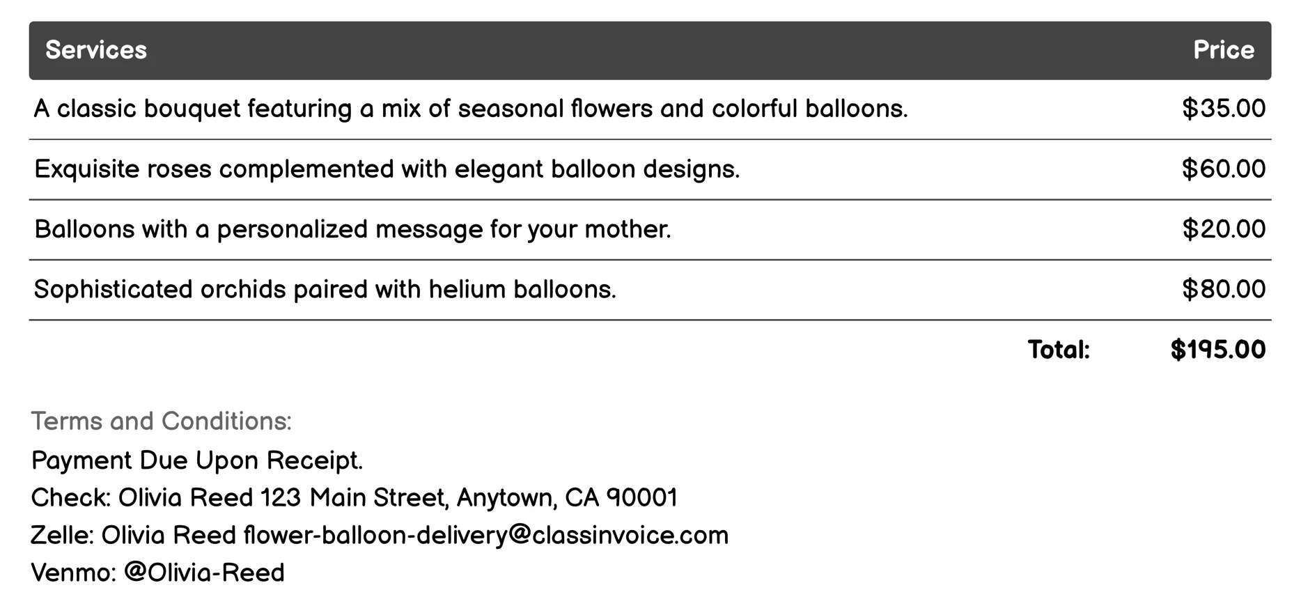 Mother's Day Gift Invoice Example
