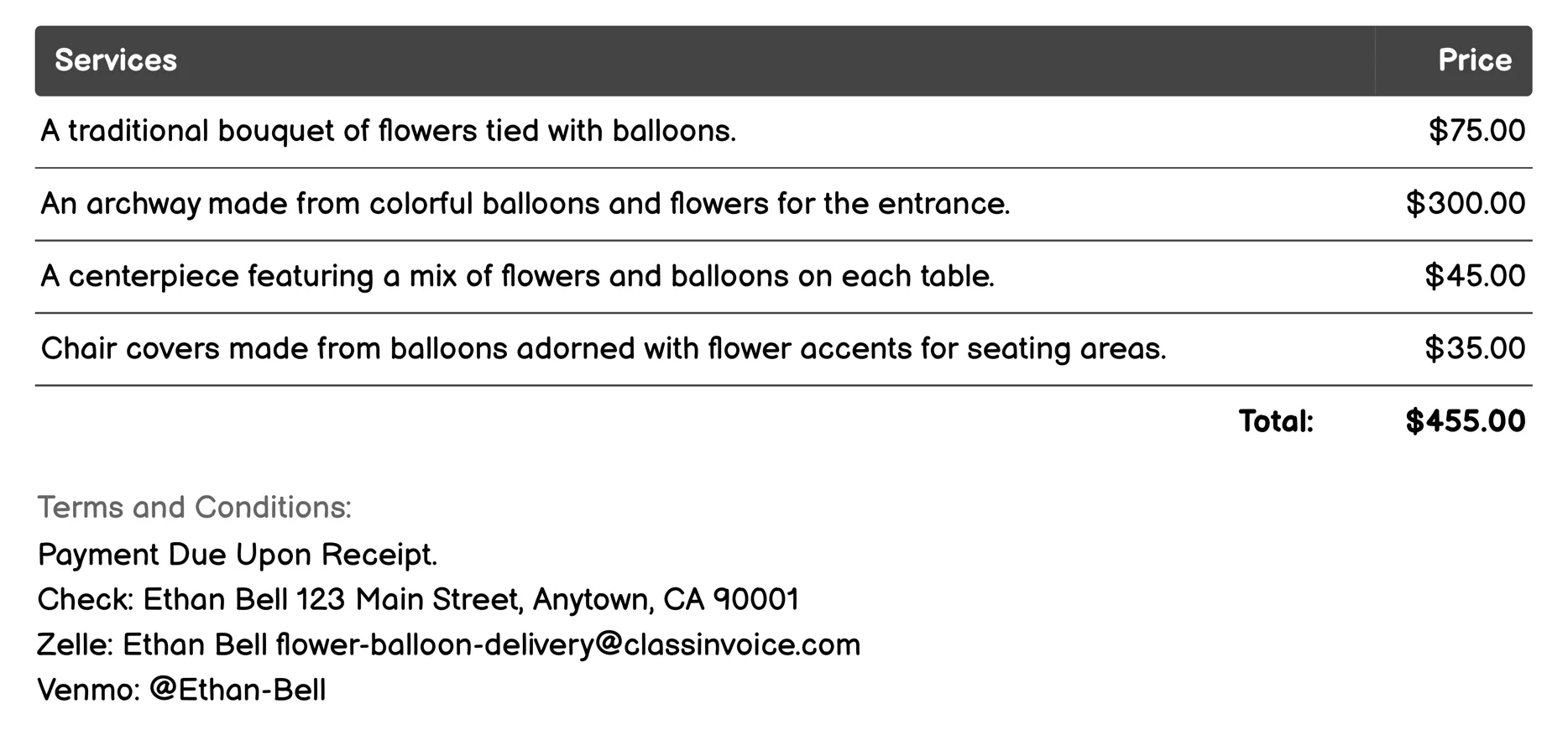 Wedding Anniversary Invoice Example