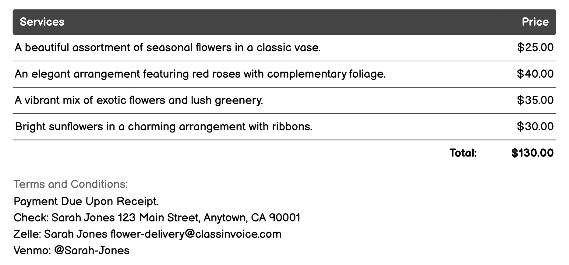 I Love You Flower Delivery Invoice Example