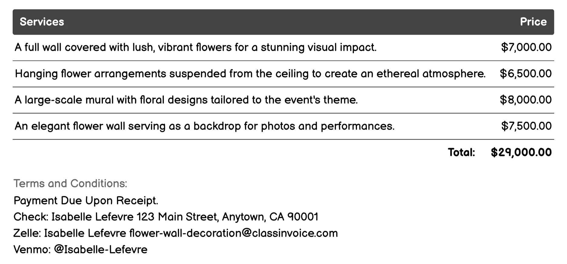 Celebrity Event Decor Invoice Example