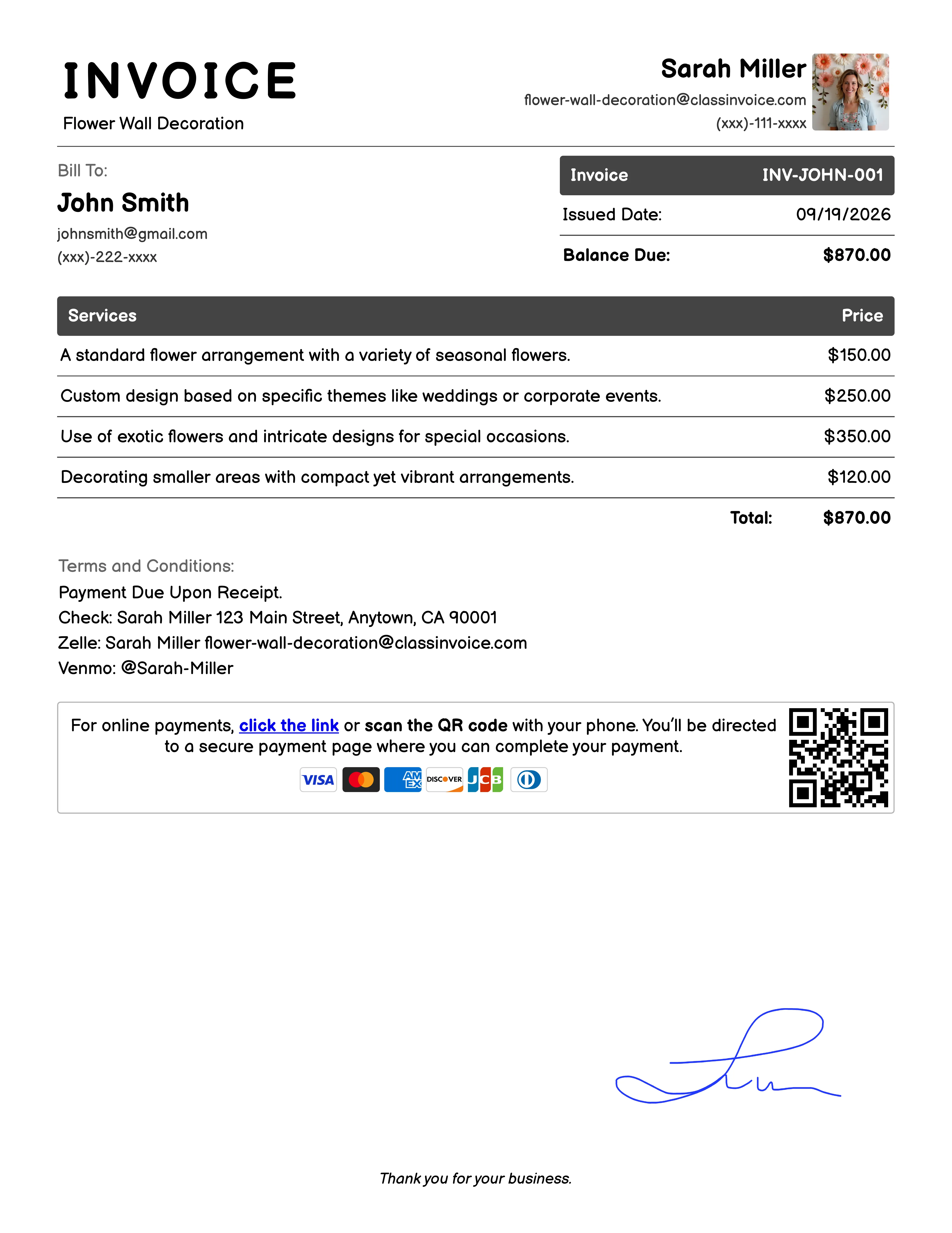 Flower Wall Decoration Invoice Example
