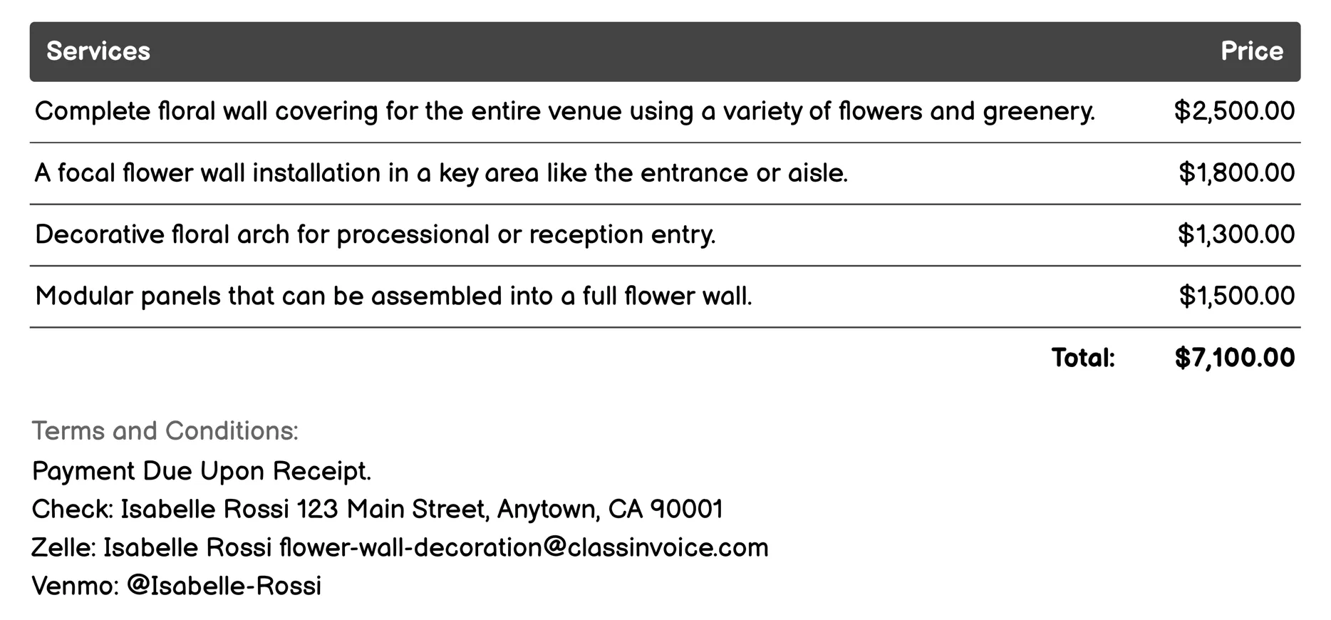 Wedding Venue Floral Designs Invoice Example