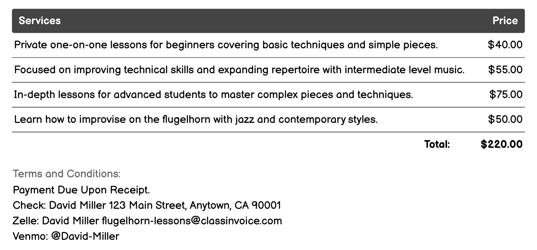 Private One-on-One Lessons Invoice Example