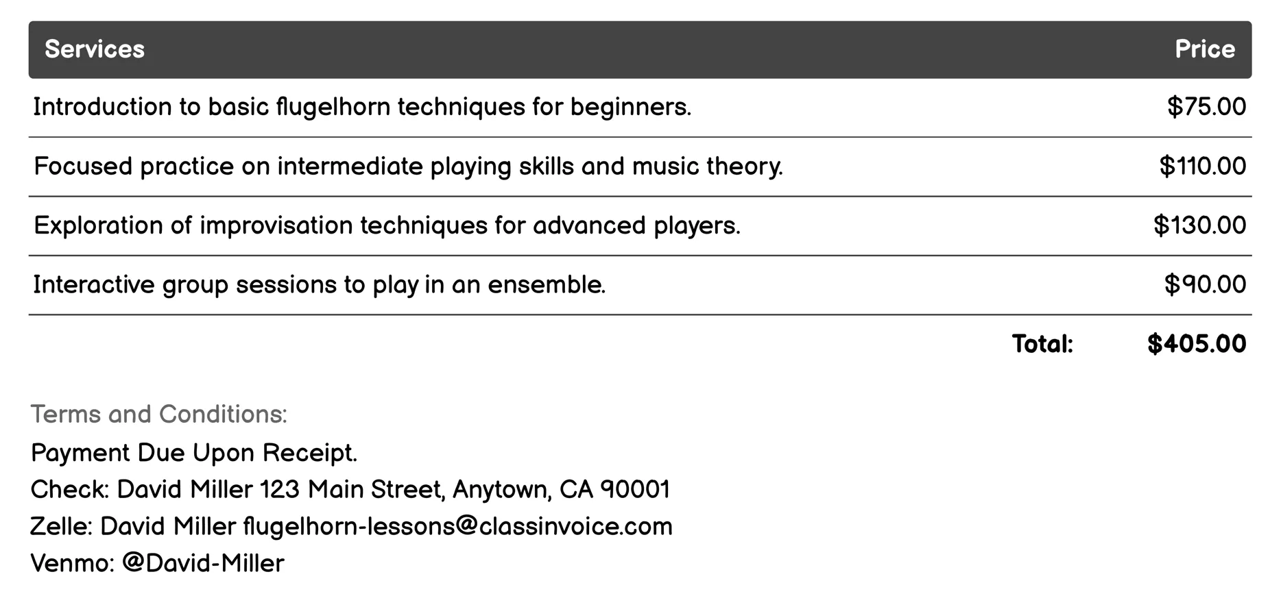 Summer Camps or Workshops Invoice Example