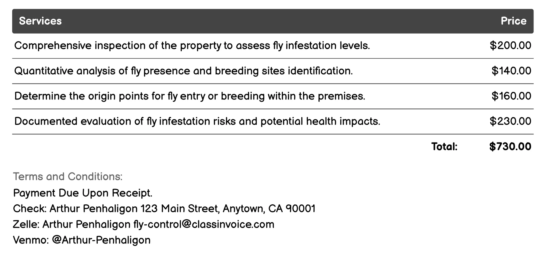 Fly Monitoring and Inspection Invoice Example