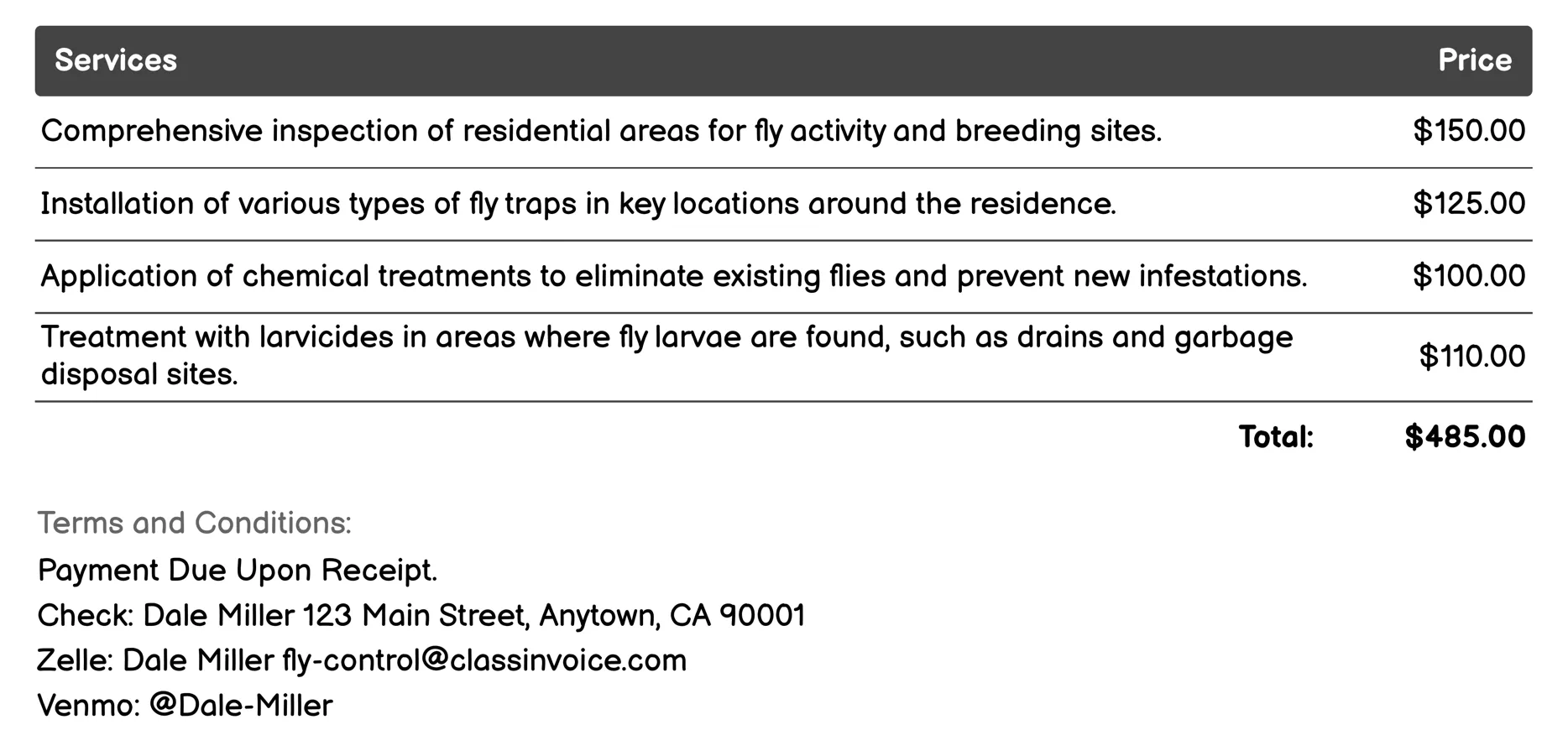 Residential Fly Control Invoice Example