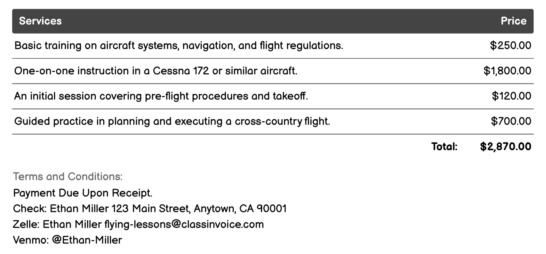 Sport Pilot Certification Invoice Example