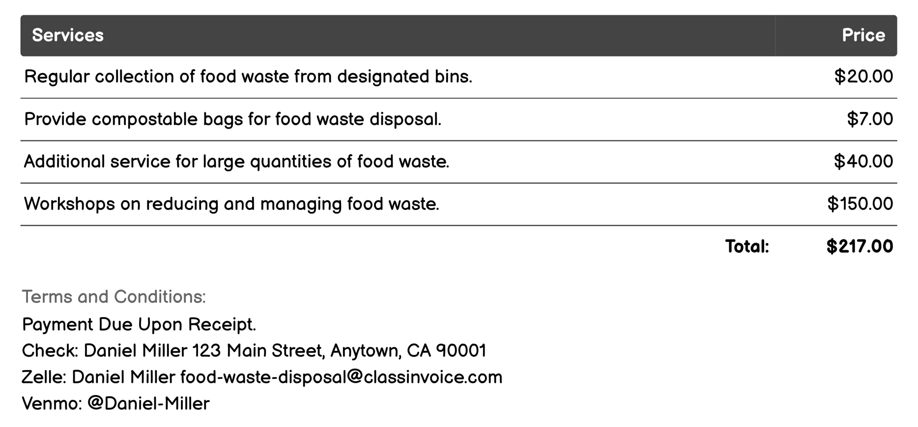 Curbside Collection Programs Invoice Example