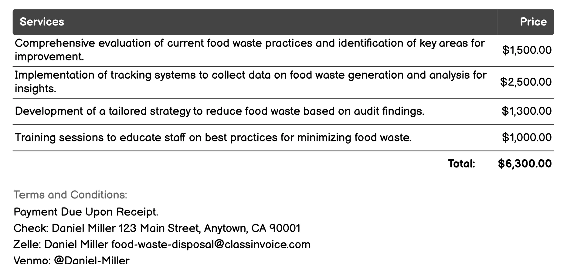 Food Waste Audits and Consulting Invoice Example