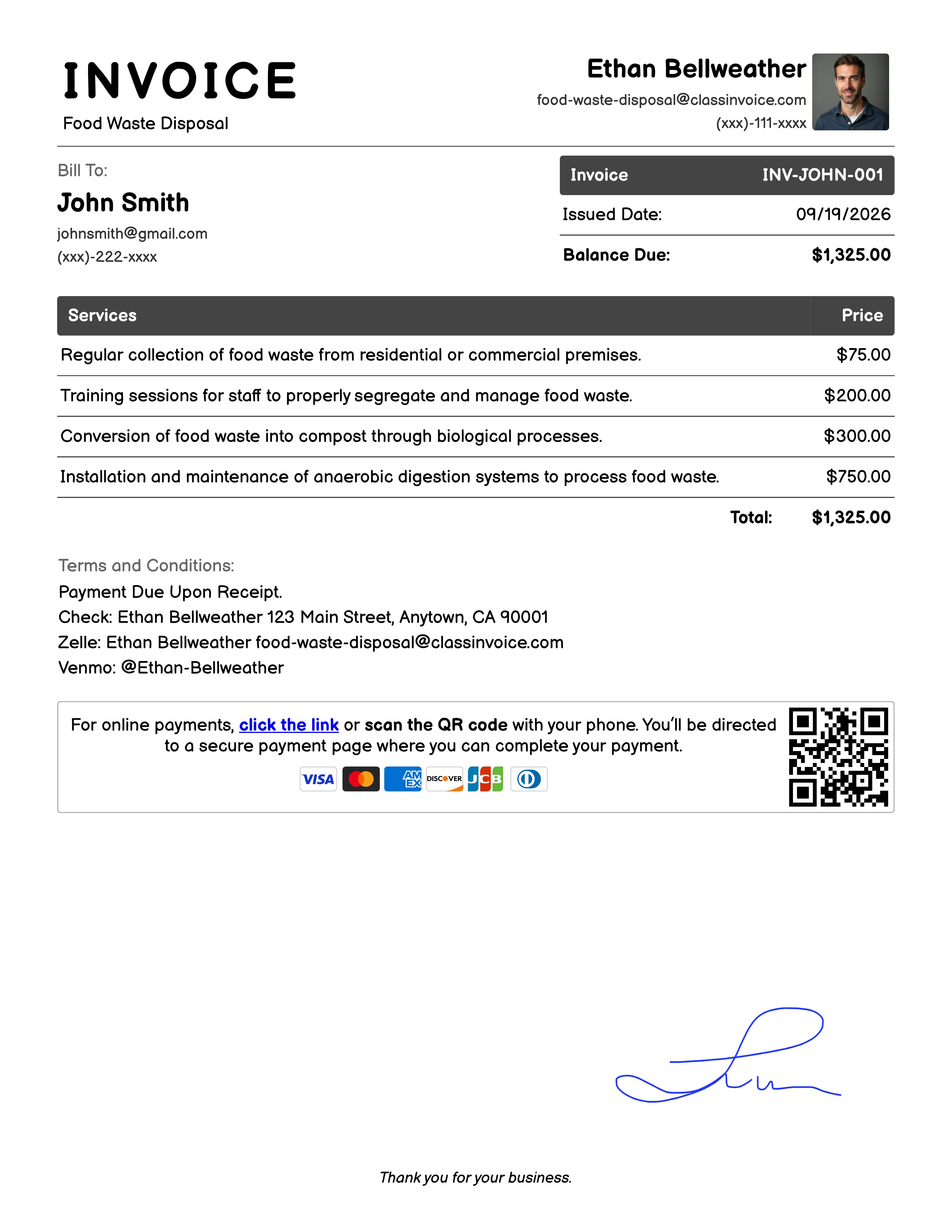 Food Waste Disposal Invoice Example