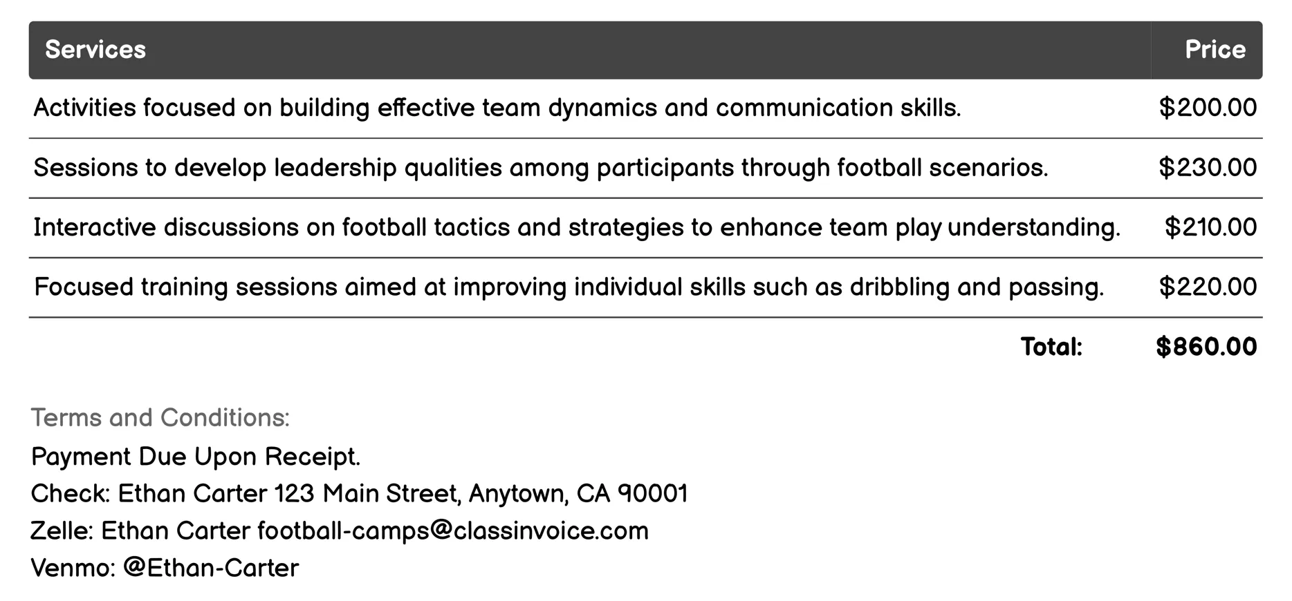 Team Building Camp Invoice Example