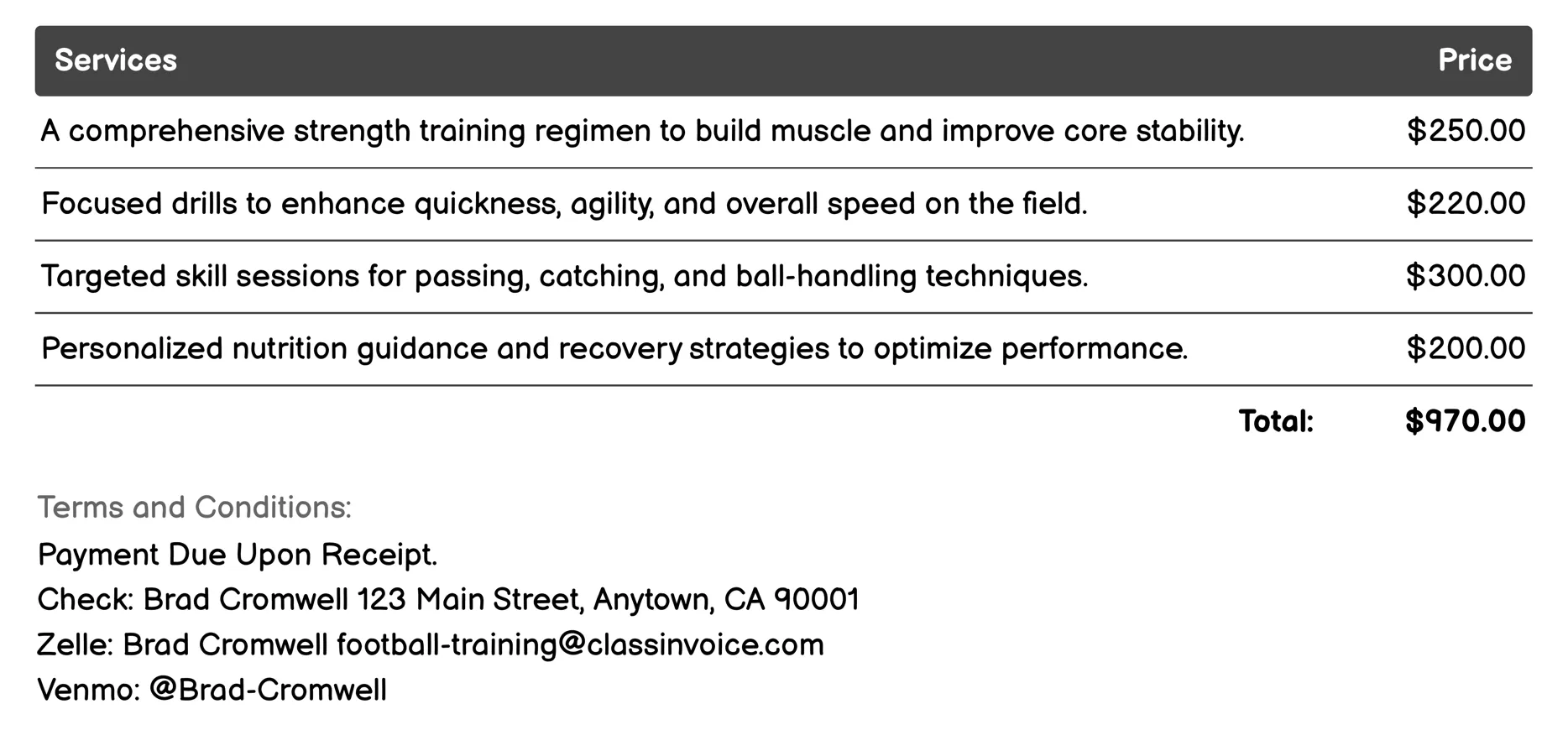 Off-Season Training Camps Invoice Example