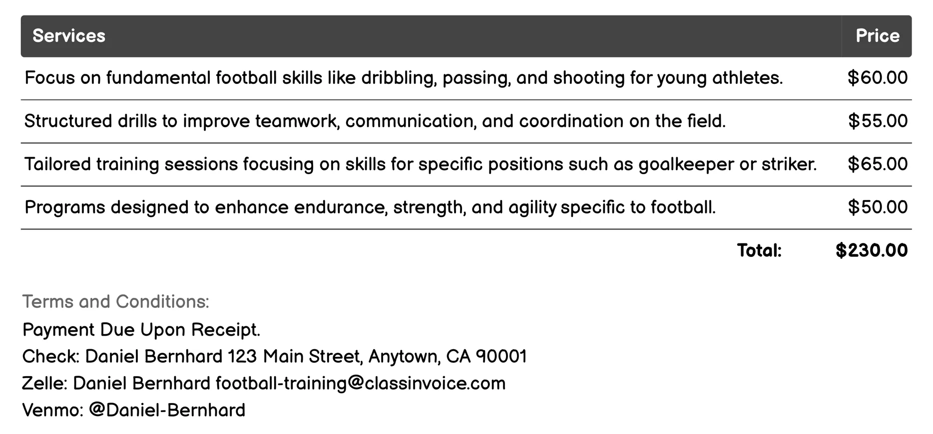 Youth Development Programs Invoice Example