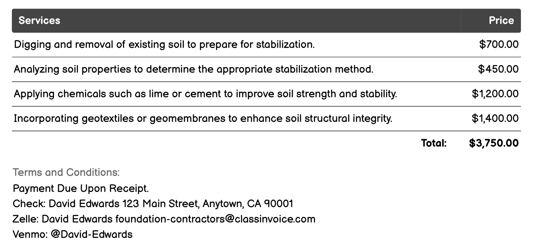 Soil Stabilization Invoice Example