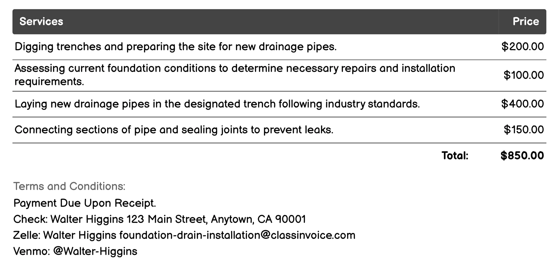 Drainage Pipe Repair and Replacement Invoice Example