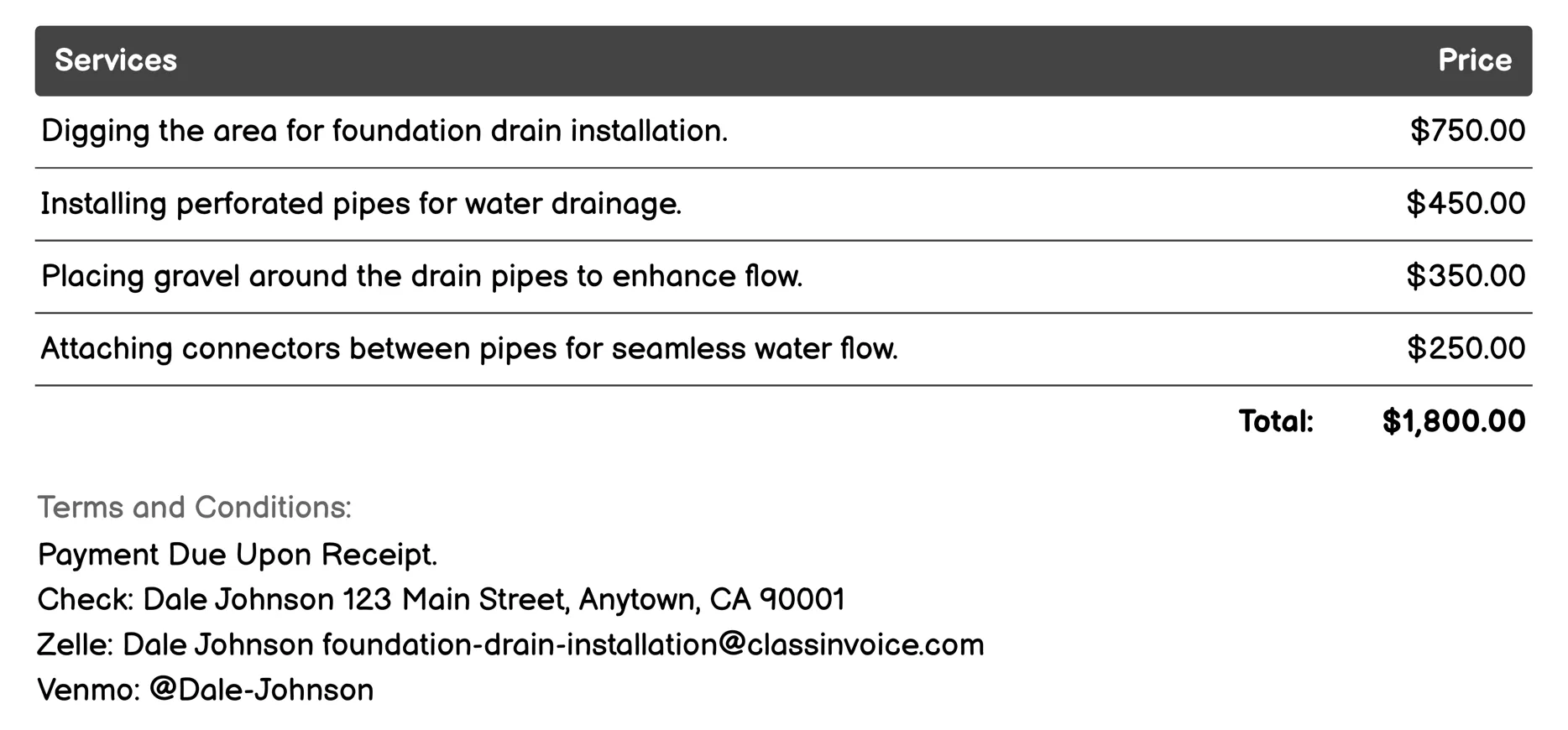 Gutter and Downspout Extension Invoice Example
