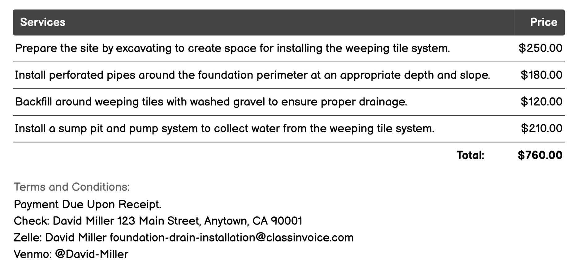 Interior Weeping Tile System Invoice Example